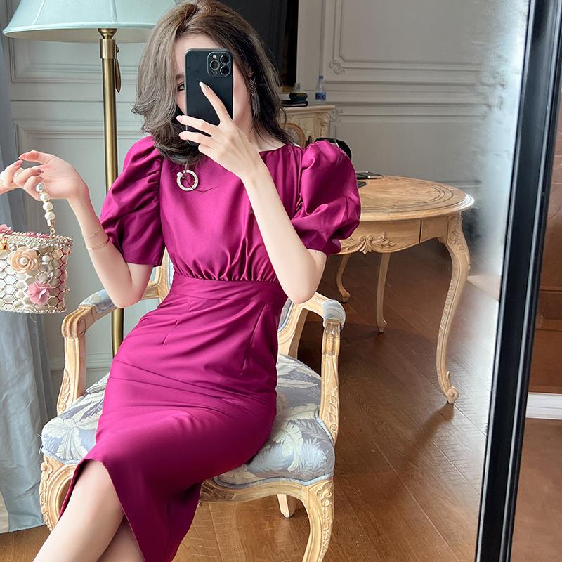 GMXIA Летнее женское элегантное темпераментное облегающее благородное фиолетовое платье с объемными рукавами на талии