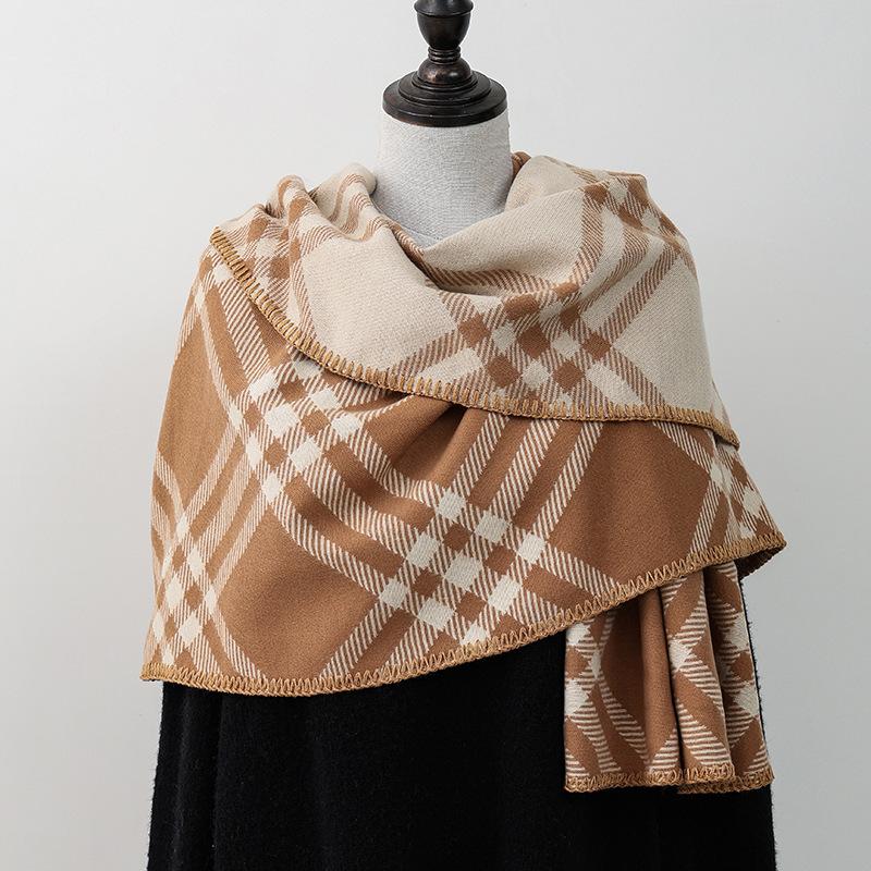 Double Sided Plaid Scarf for Women Winter Warm Wool Scarf Autumn and Winter Korean Style Cashmere Scarf with Atmosphere