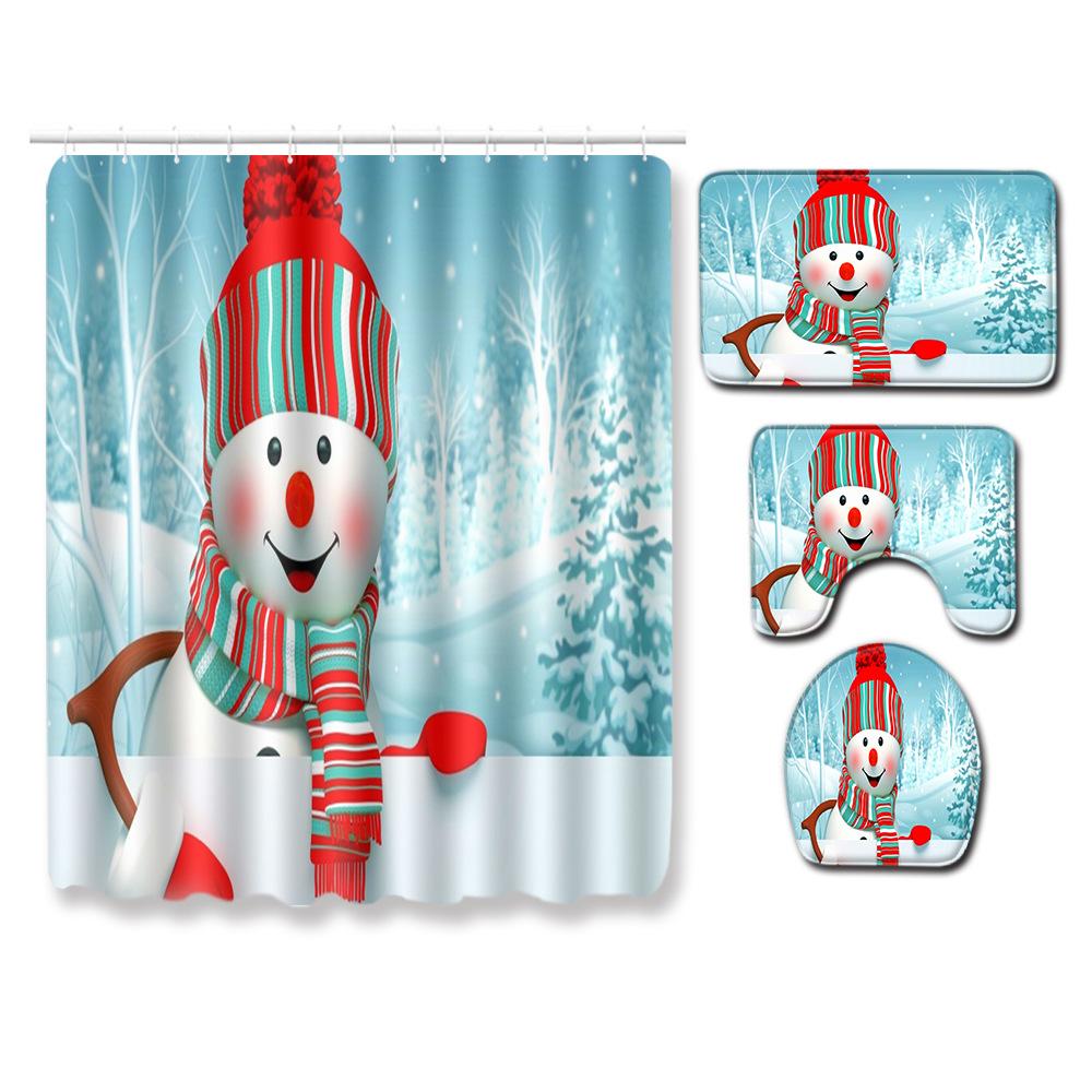 Christmas Waterproof Shower Curtain Four-Piece Floor Mat Combination Bathroom Water-Absorbing Non-Slip Carpet Door Mat Foot Mat