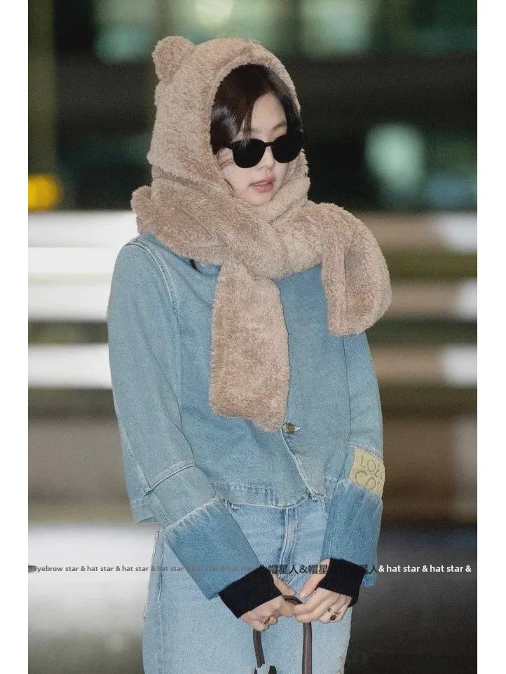 Комплект шапок и шарфа в стиле Дженни с медведем: Женский теплый плюшевый осенне-зимний галстук для студентов