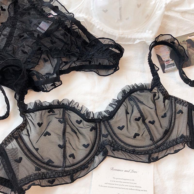 French Ultra Thin Lace Lingerie Sexy Love Embroidery Bra Set for Women Underwear Summer Breathable Plus Size CD Cup Brassiere