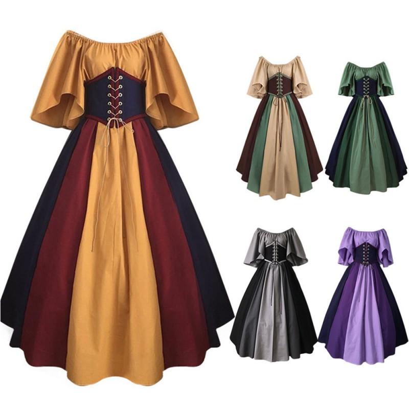 Medieval Vintage Contrast Panel Gown Cosplay Costume Halloween Party Dress Role Play
