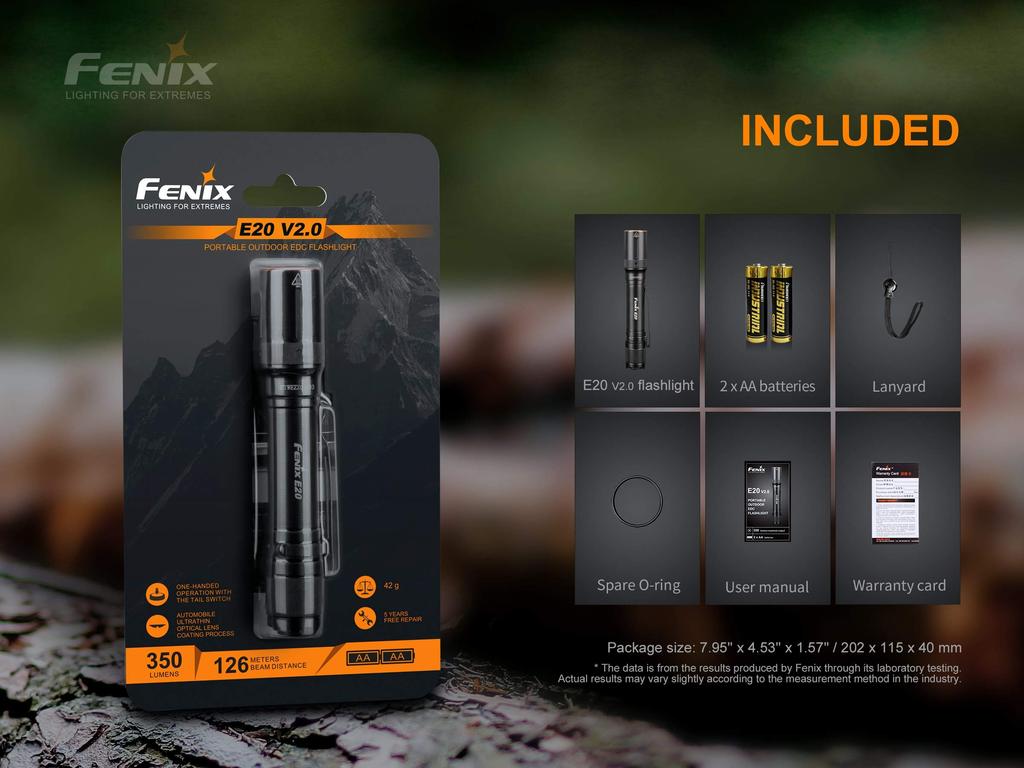 Fenix E20 Max 350 AA Battery Aluminum IP68 EDC V2.0 Flashlight, Lumens, Powered, Construction, Waterproof, Compact,