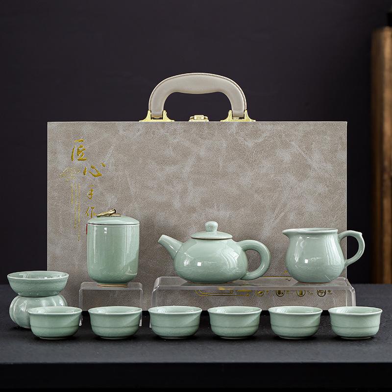Mid-Autumn Festival Gifts Ru Kiln Tea Set Home Office Ceramic Gift Box Complete Set Tea Set Teapot Cover Bowl Full Set