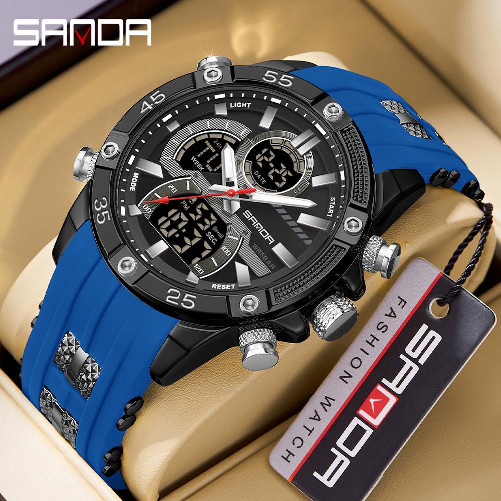 Модные мужские электронные спортивные часы Sanda Brand 6162, водонепроницаемые, с хронографом, стрелочным и цифровым двойным дисплеем, креативные