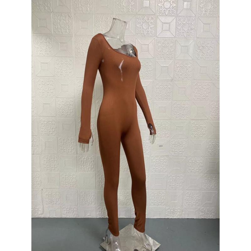 Spring Autumn Square Neck Women Yoga Bodysuit Plus Size Long Sleeve Sports Hip Lift Sexy Playsuit Solid Color Fitness Bodycon Women's Clothing 3521