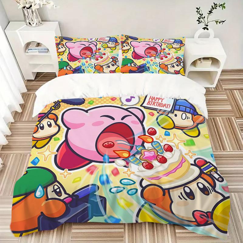3-местный комплект постельного белья Kirby Party Включает 1 одеяло + 2 наволочки, Без вкладышей для подушек, Мягкий, Удобный, Легкий, Дышащий, С принтом