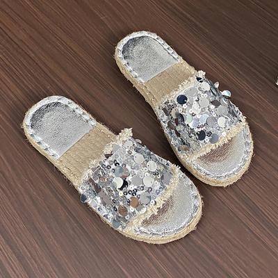 Модные летние сандалии на плоской подошве, новый стиль, круглый носок, открытый носок, тканевая отделка с блестками, плетение, мягкая подошва, противоскользящие, износостойкие шлепанцы