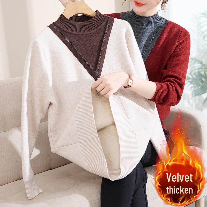 Mom's Red Fleece-Lined Winter Sweater - Perfect for New Year & Spring Festival for Middle-Aged and Elderly Women