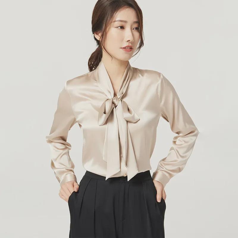 Women's Early Spring Mulberry Silk Satin Blouse with Bow - Long Sleeve