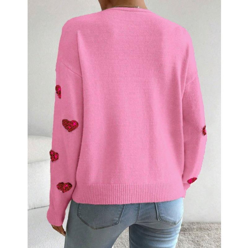 Women V Neck Pullover Sweater With Sequin Heart Embroidery For Autumn Winter