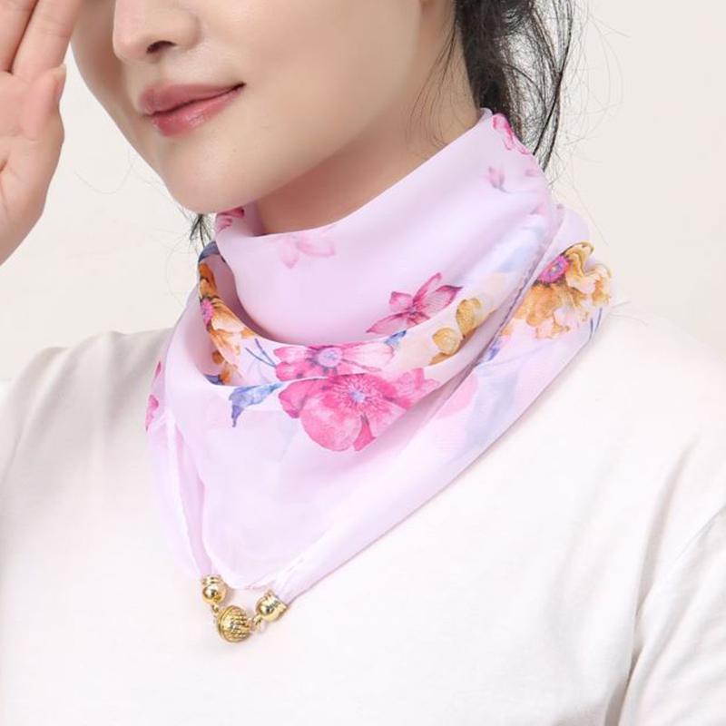 New Magnetic Snap Small Gold Ball Silk Scarf Square Scarf Chiffon Lazy Scarf Spring And Summer