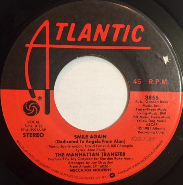 7-дюймовая пластинка MANHATTAN TRANSFER Smile Again Dedicated To Angela Fr 3855 ATLANTIC 1981 US Jazz Б/у