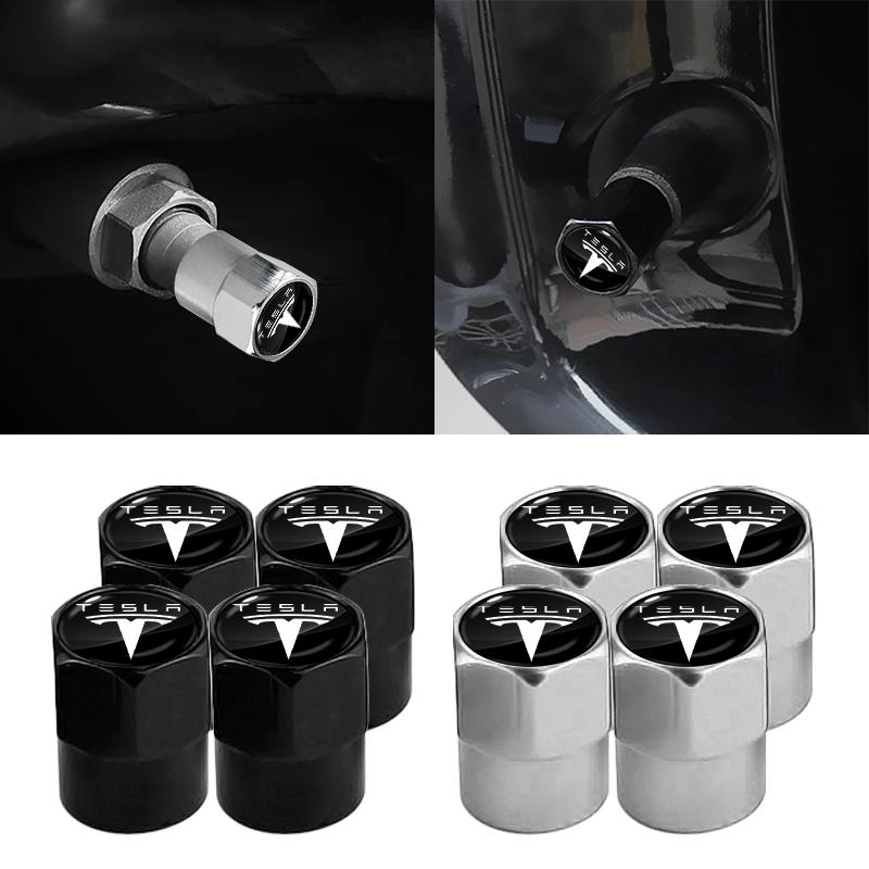 4Pcs Metal Car Logo Wheel Tire Hex Valve Caps Stem Case Covers For Tesla Model S Model X Model Y Cybertruck Model 3 Model Y