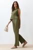 Women's Fashion Khaki Textured Regular Normal Pattern Zero Sleeve Flexible Knitted Blouse Trousers Top and Bottom Set