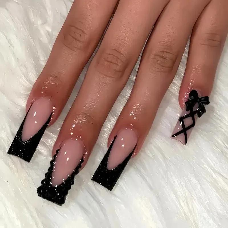24Pcs Green French Fake Nails with Diamond Gold Butterfly False Nails Elegant Acrylic Artificial Nails Wearable Long Square Nail