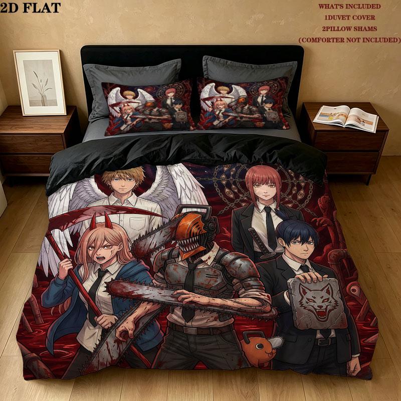 Chainsaw Man Pattern Bedding Quilt Set Quilt Cover Pillowcase Home Birthday Gift(1 * duvet cover + 2 * pillowcase, without core)