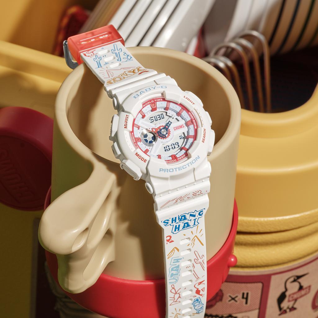 Casio Baby-G Серия для кемпинга Сотрудничество с Chums Водонепроницаемые ударопрочные часы Кварцевый механизм Ремешок из смолы Женские часы Белые BA-110XCHUMS23-7PF