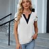 Ladies Summer Split Short Sleeve V Neck Color Block Casual Pullover Blouse Shirt Top