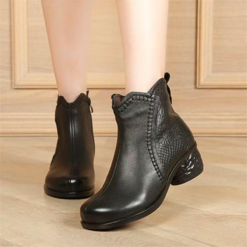 Осенние и зимние короткие женские сапоги на толстом каблуке из плюша и хлопка, туфли для мам, плюшевые теплые ботинки Martin на среднем каблуке, нескользящие сапоги для мам из хлопка