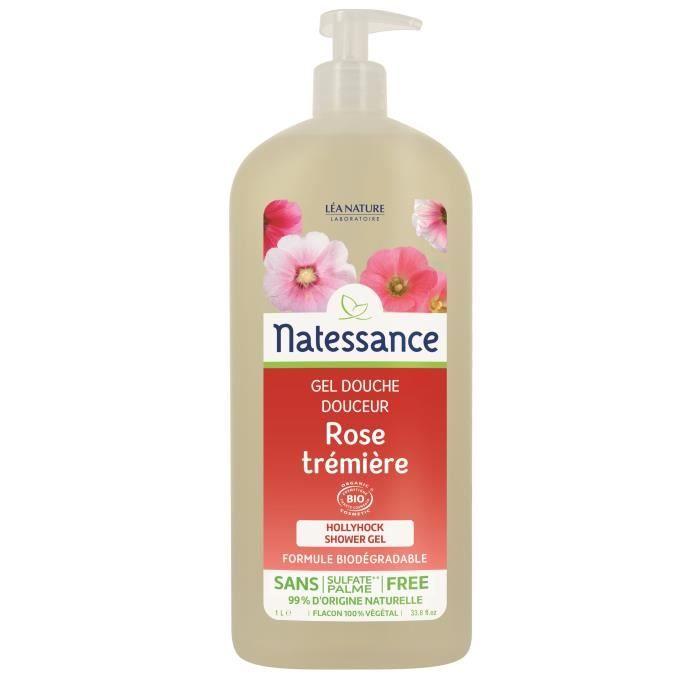 Gel douche - NATESSANCE - Rose Trémière Bio - Sans parabène - 1 L - Formule végétale enrichie en eau florale