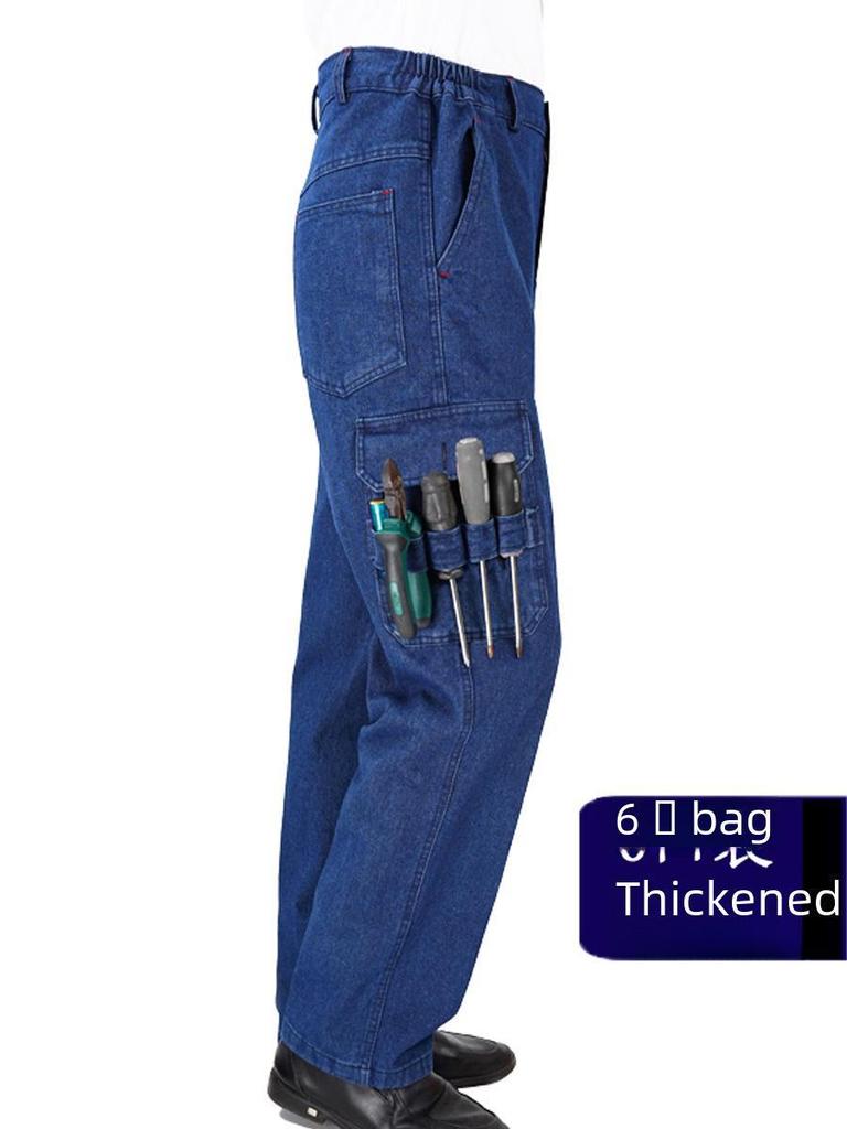 Men's Thickened Denim Multi-Pocket Welding Overalls - Durable, Loose-Fit, Pure Cotton Labor Protection Pants