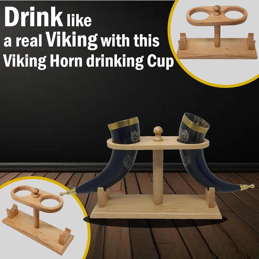 Viking Drinking Handmade Natural OX Horn Cup for Ale, Beer, Mead, Wine | 12 Inch | 100% Leak Free | with Beautiful Wooden Stand (Set of 2)