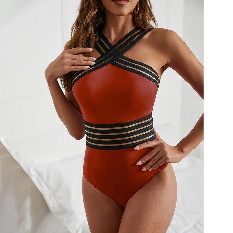 Para Praia прозрачная лента плюс размер цельный купальник женский монокини с высокой талией сексуальный купальник пуш-ап купальный костюм