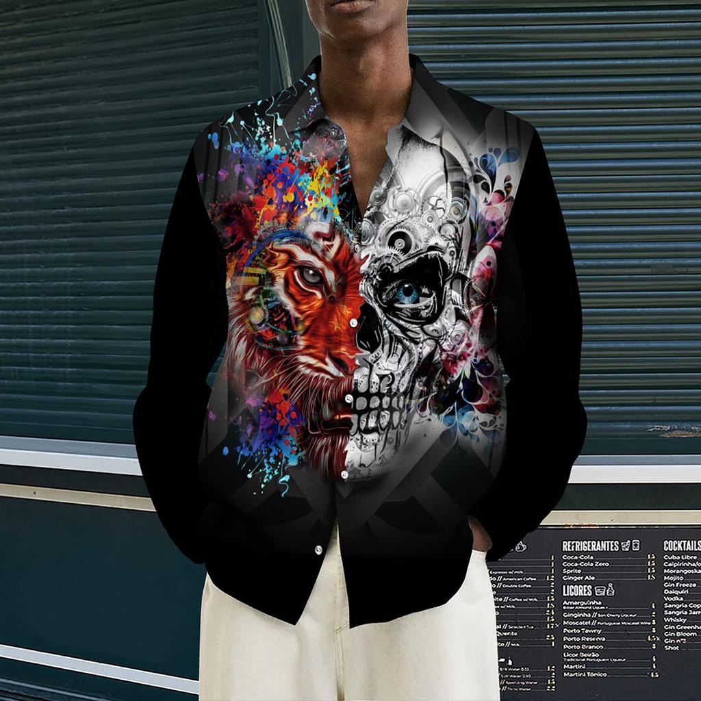 Мужские рубашки с длинным рукавом с принтом, повседневные свободные рубашки с длинным рукавом с принтом