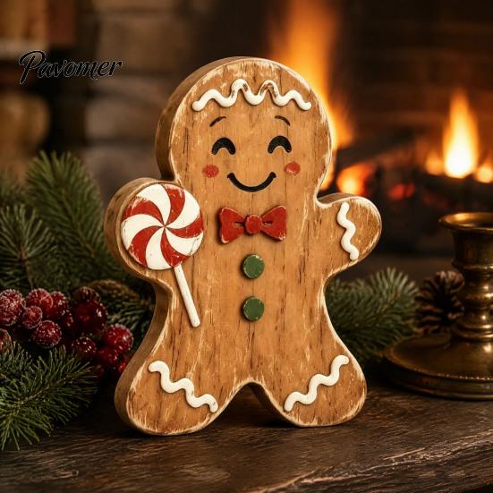 Small Wooden Candy Cane Decor Christmas Gingerbread Man Decor, Rustic Gingerbread, House Figurines, Xmas Cute Lady Figurines Tabletop Ornaments