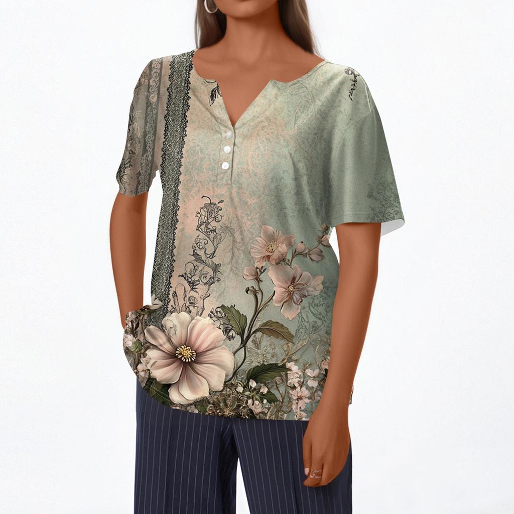 Women's T Shirt Tee Print Button Short Sleeve Daily Weekend Fashion Basic V- Neck Regular Top