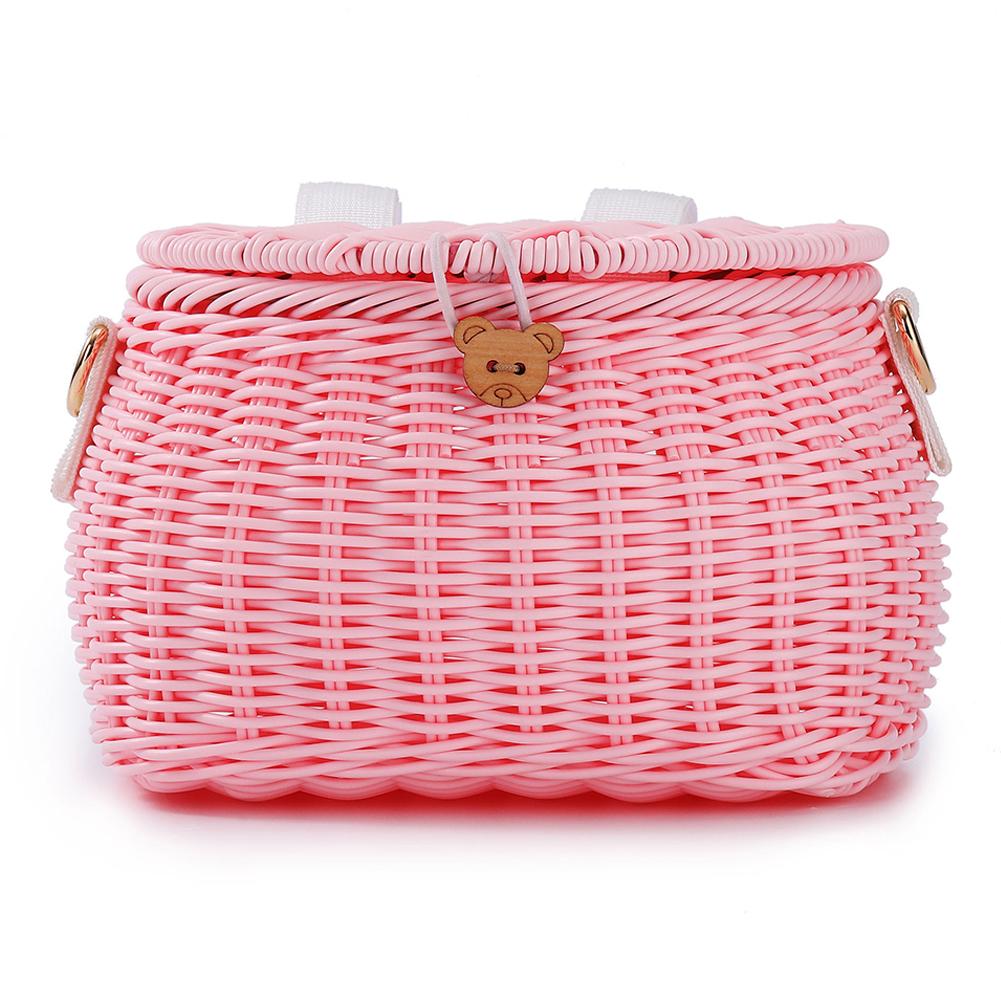 Bike Handwoven Basket Backpack with Lid Bike Scooter Tricycle Basket Adjustable Leather Straps for Kids Adult Bikes