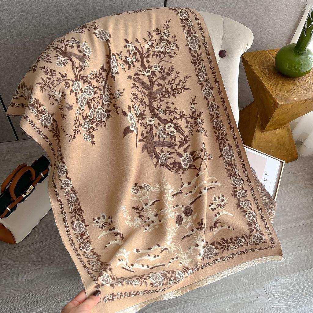 Classic Floral Print Polyester Scarf for Women - Thick Warm Shawl with Short Fringe - Weekend Casual Decorative Wrap - Windproof, Woven Craftsmanship