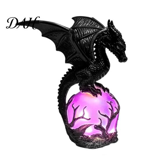 Fantasy Collection Item Gothic Dragon Night Light, Resin Statue with Purple Glowing Crystal Luminous Ball Sphere, Table Lamp for Halloween Home