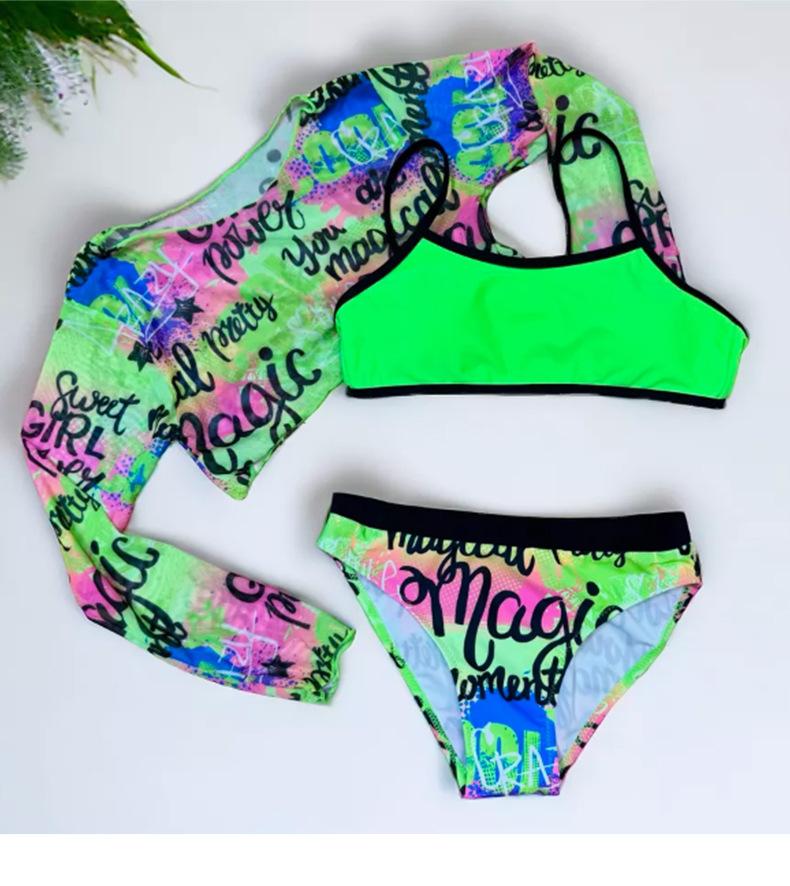 Tween Girls' Fashion 3 Pieces Sun-protective Swimwear Set Lace Up Back Camisole Printed Briefs and Long Sleeves Cover-Up Swimsuit Bathing Suit