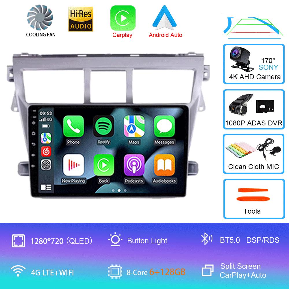 Для Toyota Vios Yaris 2007 2008 - 2012 9-дюймовый автомобильный стерео радио мультимедийный видеоплеер Android 14 Auto Carplay GPS навигация