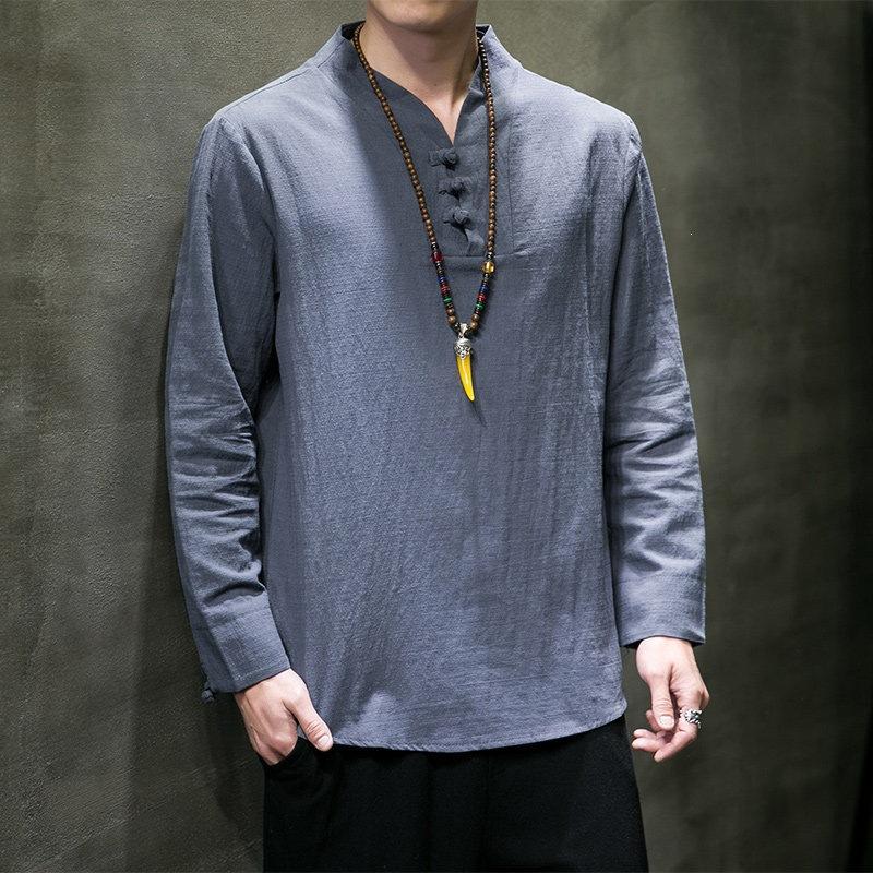 Mens Chinese Style Cotton Linen Stand Collar Long Sleeve Shirt