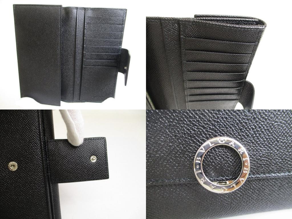 Оригинальный длинный кошелек BVLGARI из черной кожи с логотипом и клапаном на клипсе #a689 Восстановленный