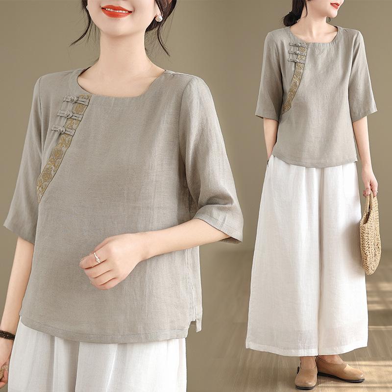 Футболка однотонная с вышивкой в китайском стиле, женская рубашка свободного кроя с короткими рукавами в стиле ретро