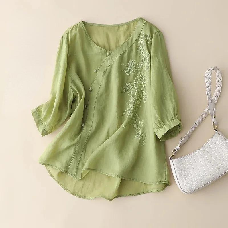 Summer Buttons Short Sleeve Embroidered Blouse Casual Women Tops Retro Loose Fit Cotton Linen Blouses
