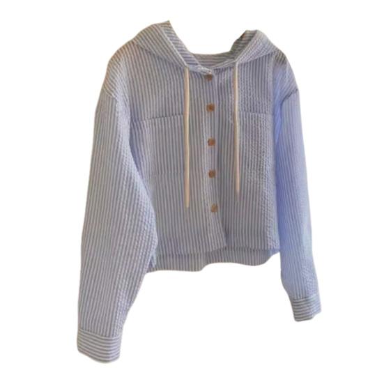 Женские полосатые рубашки на пуговицах с капюшоном и длинными рукавами, летний кардиган с защитой от солнца