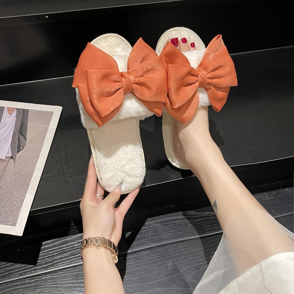 Fashion 2024 Winter New Women's Home Solid Color Bow Decorated Fluffy Furry Cotton Slippers
