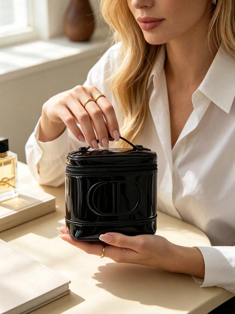 Dior Бренд Красота Новинка Косметичка-органайзер, Глянцевый Черный Цилиндрический Футляр для Косметики, Портативная Ручная Сумка-пенал для Туалетных Принадлежностей