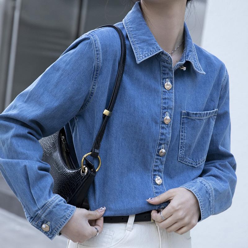 Blue Soft Denim Shirt Jacket Women's Loose Spring Autumn Long Sleeve Stacked Casual Shirt