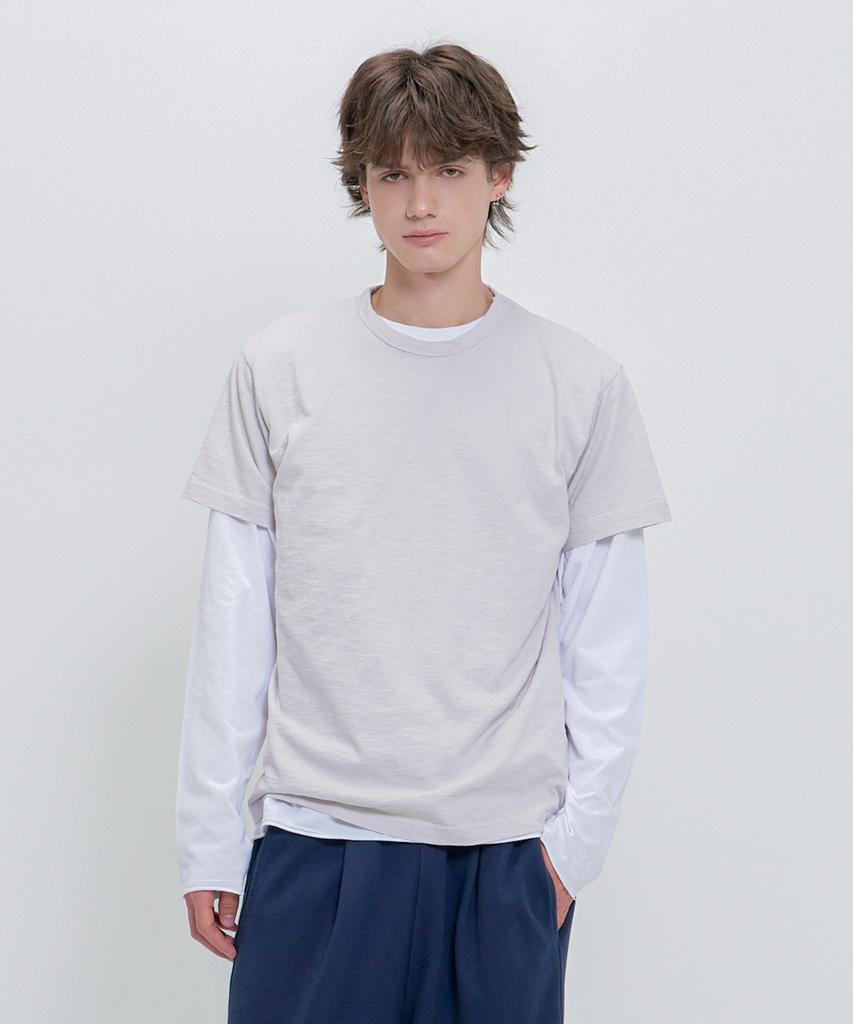 PSSHOPPER [2 Pack] Slub Short Sleeve, Cut-Out Long Sleeve Layered Set [Cocoa, White]