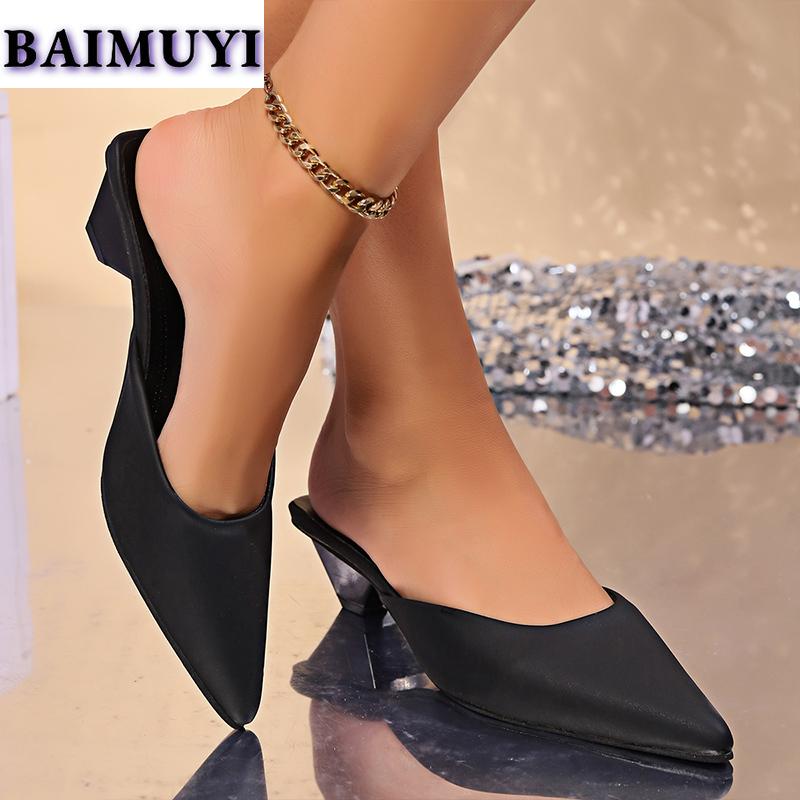 Мода леопардовый острый носок женские мюли тапочки туфли на среднем каблуке 2025 тренд сексуальные сандалии дизайнерские шлепанцы туфли на высоком каблуке Mujer Zapatillas