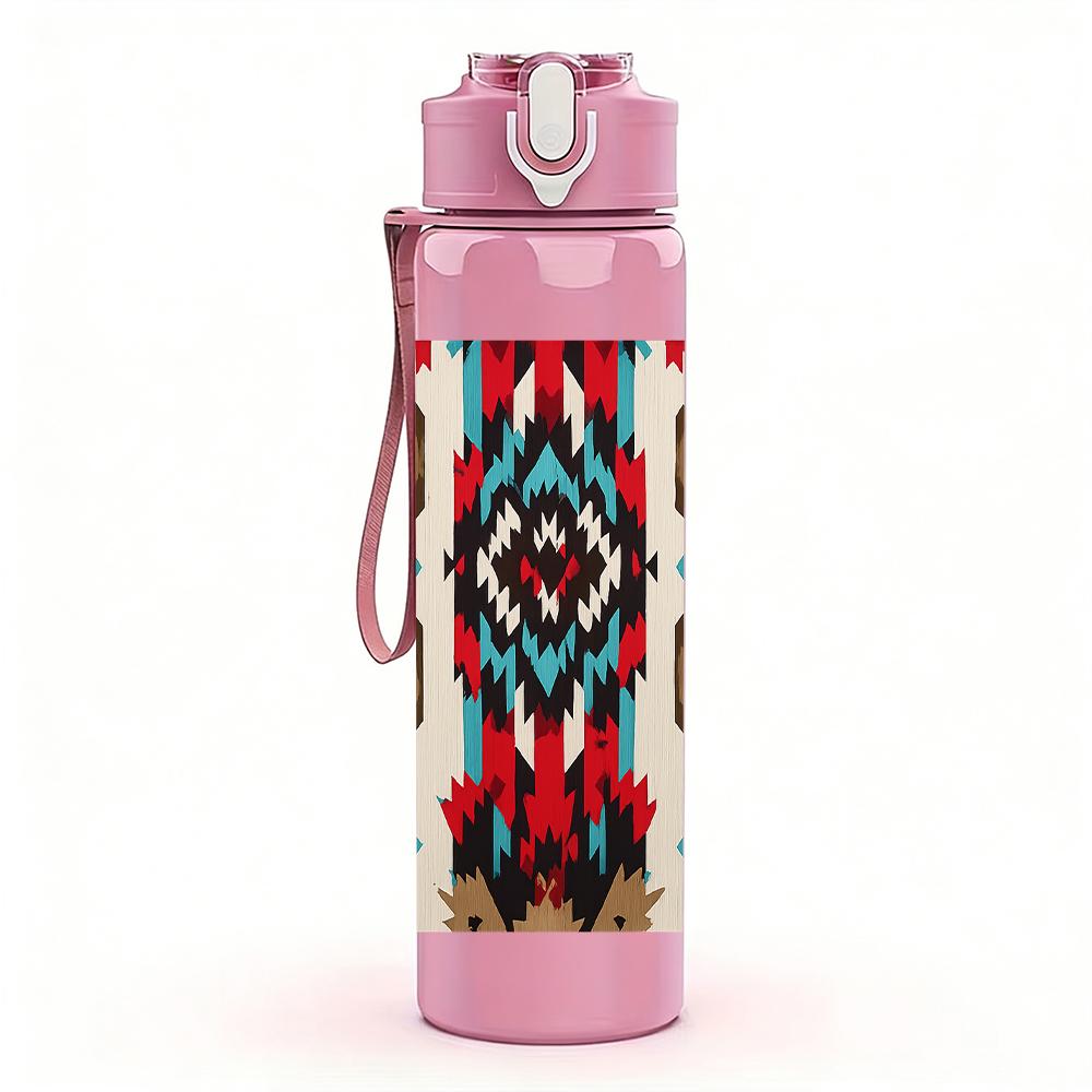 1PC Ethnic Geometric Rug 750ml Color Plastic Sports Water Bottle Leakproof Flip Straw Lid For Sports Office Home Use