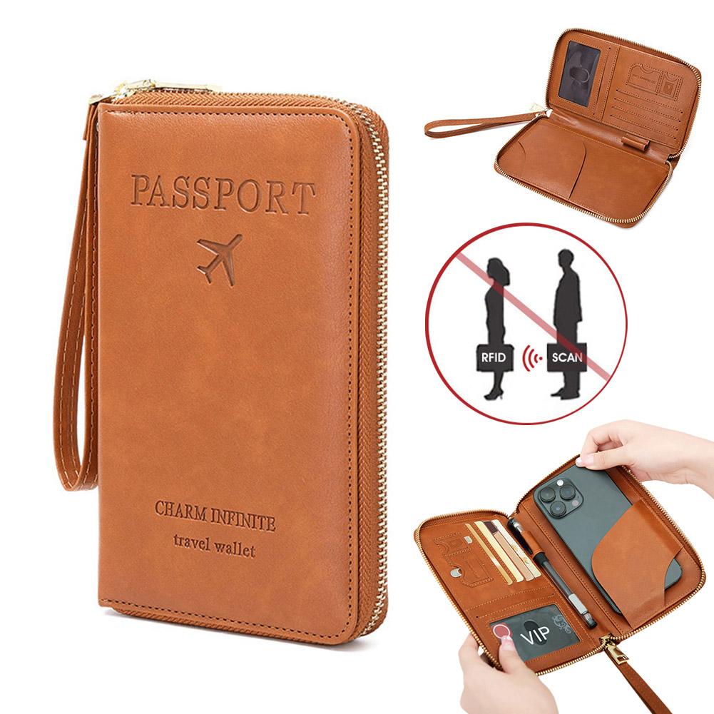 PU Leather Passport Holder Large Capacity Simple Fashion Multi-functional Ticket, Credit Card Bag Wallet Zipper Passport Bag