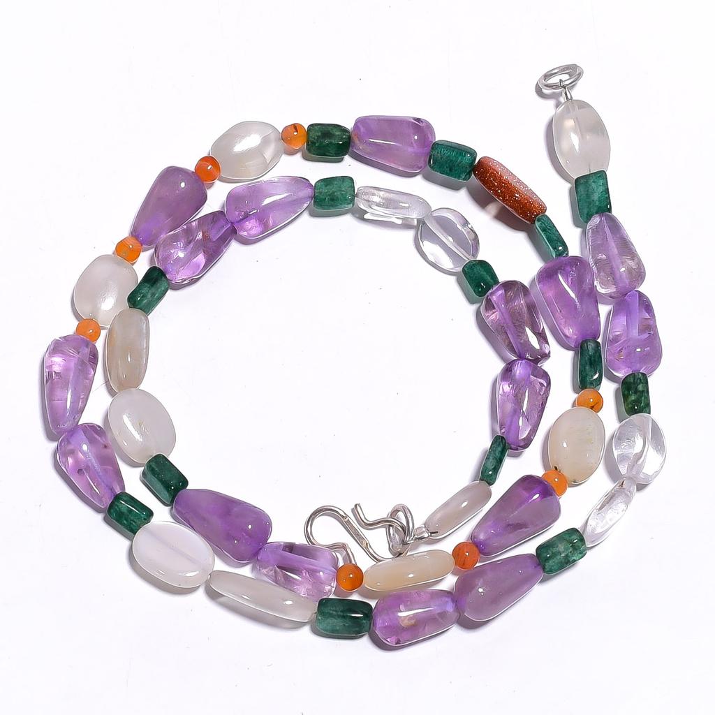 Natural Amethyst Moonstone Aventurine Gemstone Smooth Beads Necklace 17" UB-4409 UB-4409