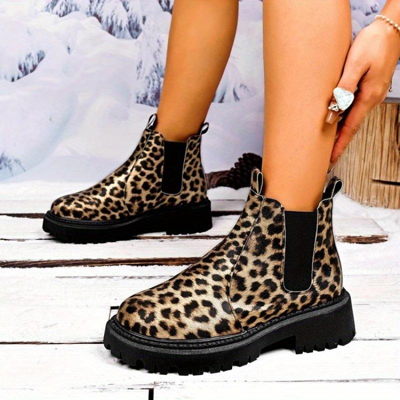 Women's Leopard Print Slip-On Boots - Pull-On Closure, Synthetic Cover Upper with Non-Slip Rubber Sole, All-Season Casual & Formal Footwear